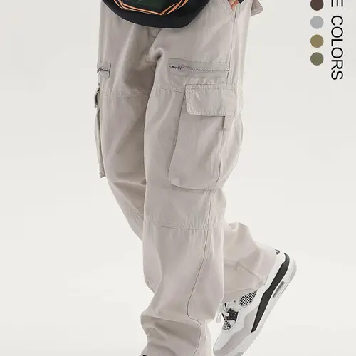 Trendy Multi-Pocket Zipper Loose Work Pants, American Vintage Straight Leg Cargo Pants, Street Style High-Street Casual Trousers, Casual Streetwear Trousers, Casual Drawstring Waist, Casual Everyday Workwear, Cargo Pocket Design