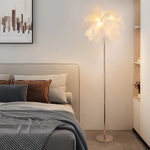 Homary Loftus Art Deco Floor Lamp - White Feather Shade, Rose Gold Finish, Sturdy Metal Base, LED Atmosphere Decorative Indoor Ambient Lighting Fixture, Led Atmosphere Lamp Led Corner Lamp,dorm essentials,home decor,home essentials,camping essentials