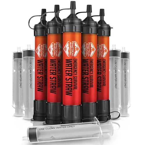 5 or 2 High Capacity Emergency Survival Water Straws - Personal Filter for Camping, Hiking, Travel Biking, Survival Preparedness, Lightweight Reusable