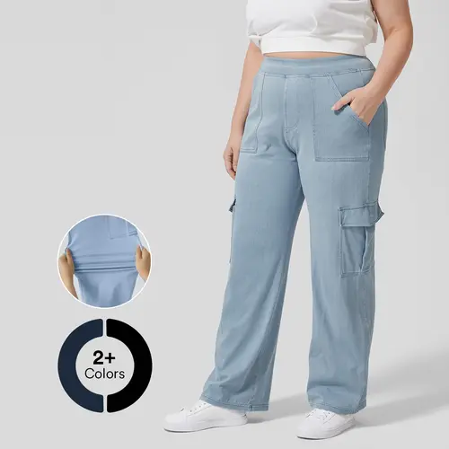 Halara Magic Mid Rise Multiple Pockets Stretchy Knit Straight Leg Plus Size Casual Cargo Jeans Fit Pants Denim Comfort Comfortable Womenswear Garment #BackToSchool