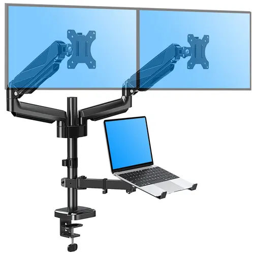 MOUNTUP 13"-27" Dual Monitor and 10"-17" Laptop Mount, Gas Spring Monitor Stand for 2 Max 27" Computer Screens, Laptop Tray Fits 10-17inch Notebook, Holds 4.4-17.6lbs Per Arm, 3-in-1 Adjustable Monitor Desk Mount