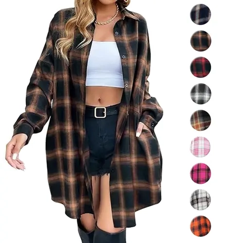Blooming Jelly Women's Button-Down Plaid Flannel Shacket - Long-Sleeve Collared Long Coat, Soft Fabric Tops #Springtok