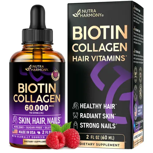 NUTRAHARMONY Liquid Biotin & Collagen Supplement for Hair Growth Support - Extra Strength Drops for Women & Men - Strong Nails & Healthy Skin - Made in USA - 2 Fl Oz