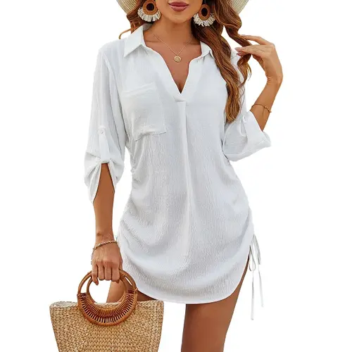 Blooming Jelly Womens Bathing Suit Cover Ups Bikini Swimsuit Coverup Drawstring Beach Dress Shirt White wendy dress yellow dress #SwimWeek #Summervibes