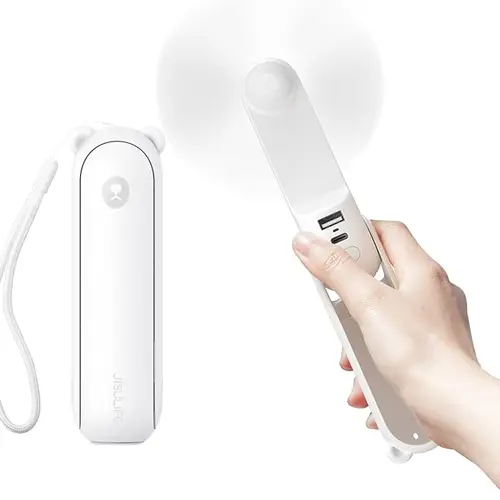 JISULIFE Cordless Handheld Fan - 4500 mAh Powerbank, 46H Max Runtime, USB-C Powered, 3 Speeds, Compact Folding Mini Portable Fan, Flashlight, Festival Gift for Adults