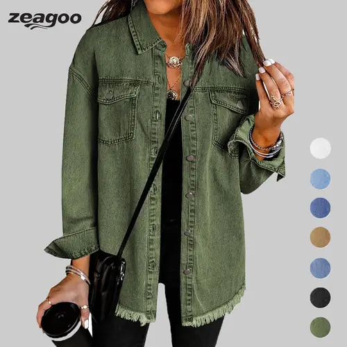 Women’s Jean Jackets for Women Ripped Fringe Denim Jean Jacket Casual Long Sleeve Pockets Jackets Coat Fabric Fashion Womenswear Soft  – Back to School Outfit Idea summerwins,back to school shopping