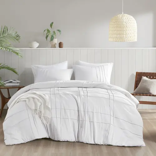 Pintuck Pleated Tufted Texture Bed Cover Set - Soft Washed Microfibre, Oeko-Tex Certified, Machine Washable, All Seasons Year-Round Sleep Breathable Bedding Set, Neutral Tones (Grey, White), Sizes (Twin/Twin XL, Full, Queen, King, Cal King)