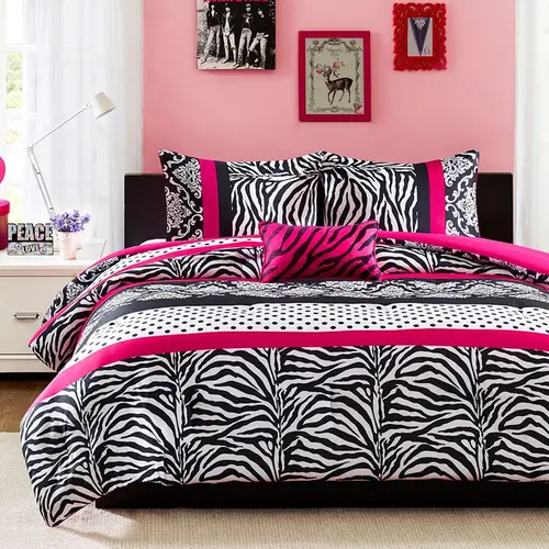 Reagan 4-Pc Set Complete King Queen Comforter Set, Aesthetic Animal Motif Black and Pink Bedding, Antibacterial All-Season Polka Dot, Vibrant Zebra Pink Layer, Matching Sham, Decorative Pillow, Aesthetic Room Decor for Bold Bedroom Statement Look