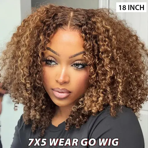 CurlyMe Wear Go Glueless Kinky Curly P4/27 Highlight Ombre Color Human Hair Wig 180% Density 7x5 Pre-cut Transparent Lace Front Wig Pre-plucked Natural Hairline Shipping in 24H #summerwins #DealsForYouDays