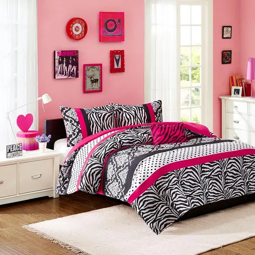 Zebra Pink Polka Dot Comforter Set with Matching Sham & Decorative Throw Pillow - Modern All-Season Cozy Bedding, Vibrant Whimsy Bedroom Decor for Girls, College Dorm Decor & Dorm Room Inspo, Aesthetic Room Decor