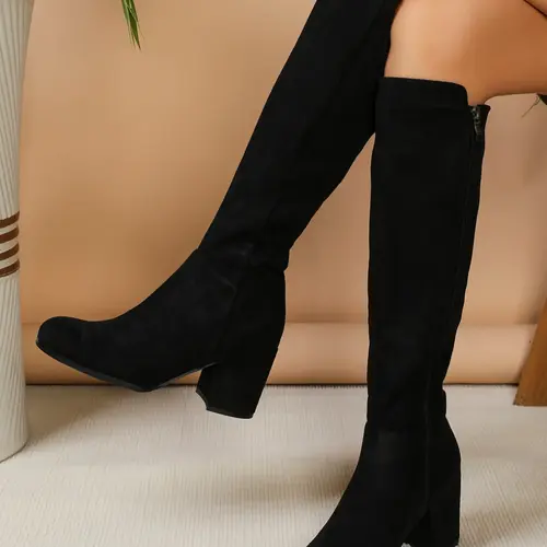 Women's Solid Color Round Toe Boots, Boot Heels, Women Shoes, Footwear, Fashionable Stylish Elegant Classic Knee Boots for Fall & Winter, Casual Comfortable Shoes for Daily Wear, Perfect for Outdoor