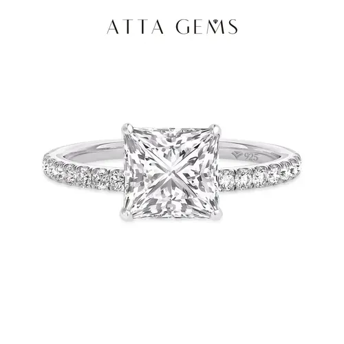 ATTAGEMS Unisex Princess Cut D Color VVS1 8.0mm Prong Setting Lab Created Moissanite Artificial Gemstone Ring, Women's Engagement Wedding Gift Ring R049