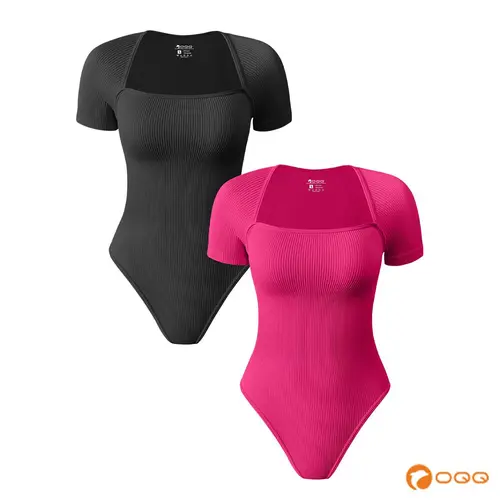 OQQ Women's 2-Piece Ribbed Knit Bodysuits - Square Neck, Short-Sleeve, Slim-Fitting, Seamless Spandex Tops with Straps, Snap Closure, Ideal for Everyday Wear or Party Pairing with Jeans/Skirts,sohochic