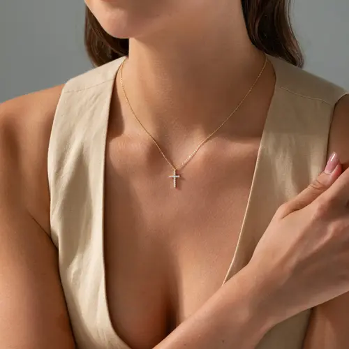 VENOCO Women's Dainty Fashion Cross Pendant Necklace - 16.5in Gold-Tone/Silver Cross Necklaces with Tiny Cubic Zirconia, Daily Wear Jewelry