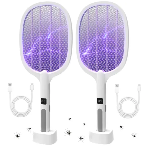 Summerwins Cordless Portable Electric Fly Swatter - 2-in-1 Electronic Mosquito Zapper, 3400V High-Voltage Auto + Manual Insect Killer, 1200mAh USB-C Rechargeable Built-in Li-ion Batteries, 3-Layer Safety Design, for Indoor/Outdoor Use, 3400V Zap Power, Uv
