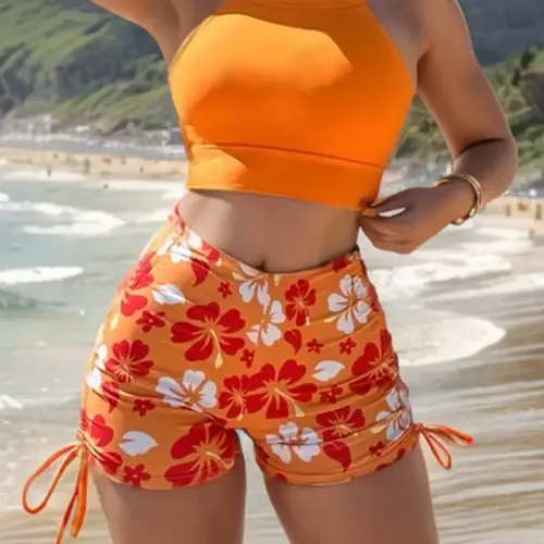 Women's Floral Print High Waist Tankini Set Swimsuit, Tankini With Shorts, Boho Plain Sleeveless Crop Swim Top & Drawstring Side Swim Shorts, Women's Summer Swimwear, Tankinis Set