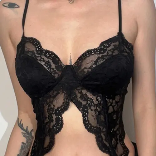 Women's Solid Contrast Lace Asymmetrical Hem Sheer Cami Top, Elegant Chic Fashion Casual Spaghetti Strap Top for Daily Outdoor Wear, Women Top Clothes for All Seasons