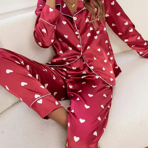 Women's Heart Print Satin Woven Loungewear Set, Chic Casual Lapel Button Front Long Sleeve Shirt & Pants Fitted Pajama Set, Women's Sleepwear, Womenswear Homewear Pjs Pyjamas, Pajama Suit