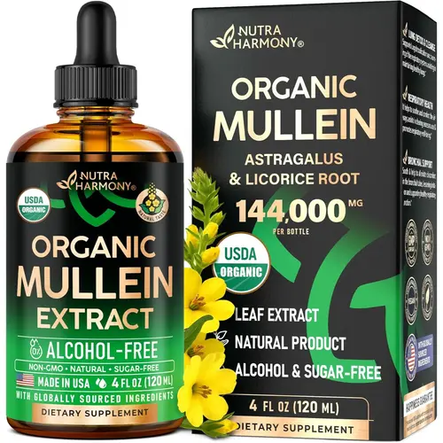 USDA Organic Mullein Leaf Extract Drops for Lung Support - Made in USA Supplement - Respiratory Health Support -  Natural lung detox