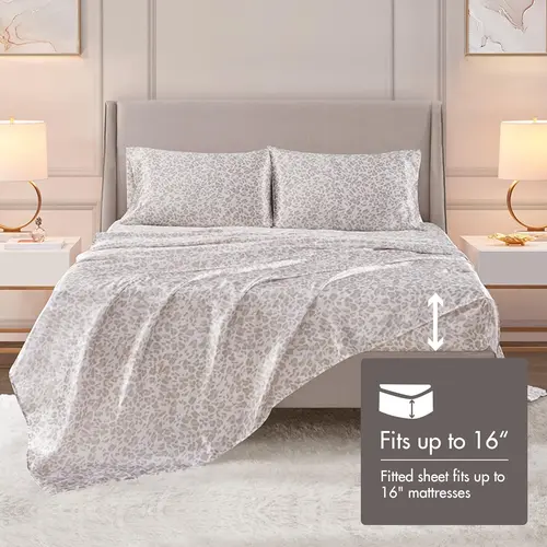 Madison Park 4 Piece Leopard Printed Satin Sheet Set (1*Flat Sheet + 1* Fitted Sheet + 2*Pillowcases), Luxury And Silky With Natural Sheen, Elastic 14" Pocket Fits Up To 16" Mattress, All Around Elastic - Year-Round Bedding, Polyester Fits, Bedding Sets,