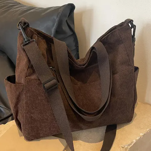Trendy Corduroy Tote Bag, Women's Solid Color Large-Capacity Durable Shoulder Bag for Daily Use, Casual Commuting Bag, Casual Matching School Bag for Outdoor Activities