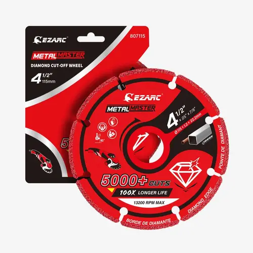 EZARC Diamond Metal Cut-off Wheel with Diamond Technology, Solid Steel Wheel Body, Power Tool Accessory for Rebar, Steel, Iron, Inox, Sheet Metal Cutting, Heavy Duty, 5000+ Cuts, Contaminant-Free, Cleaner Work Zone, Long-Lasting Safety Metalmaster Edge