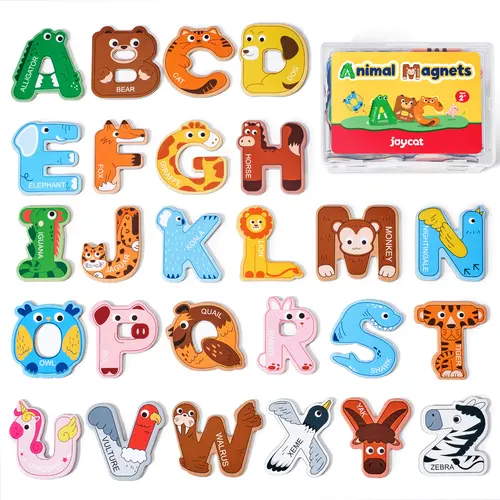 JoyCat Thick Wooden Large Round Animal & Fruit Shaped Magnetic Item Set, Refrigerator Decor with 26 Uppercase ABC Letters, 0-9 Numbers, Full Magnet Back, Room Decor, Storage Box, Educational Language Toy summerwins