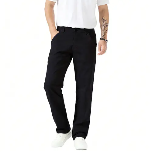 Men's Straight Fit Khaki Pants with Side Pockets and Elastic Waistband Casual Dress Slacks