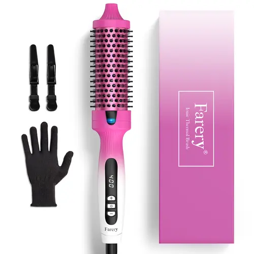 Farery Hot Straightening Bristle Brush - Digital Display 9-Temp Thermal Tool, Dual Voltage, Comfortable, for Blowout, Frizz Control, Bouncy Curls & Silky Straight Styles
