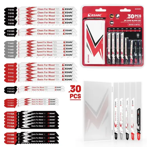 30-Count T-Shank Assorted Bi-Metal Jig Saw Blade Set - Power Tool Accessory for Wood, Plastic, Metal Cutting, Hand Tools Hardware Item, Father's Day Gift, Bi-Metal Jig Saw Blades