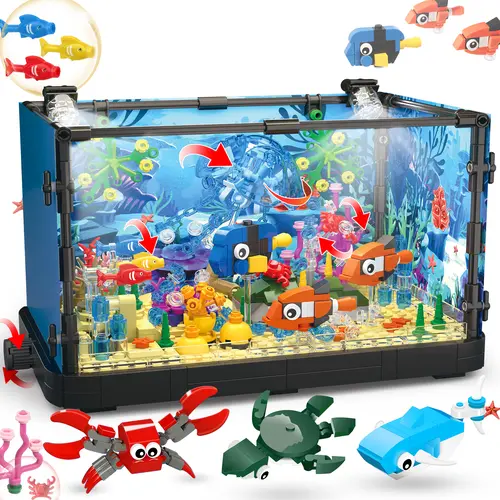 TOKMOC Decorative Fish Tank Building Block Set - 788 Pieces, Lighting Aquarium with Coral, Sea Life (Jellyfish, Dolphin, Turtle, Crab), Creative Play STEM Project, Gift for 12+ Stress Relief Fans, Home Decoration,66003