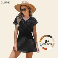 CUPSHE Women's Knit Boho Beach Cover Up - A-Line Silhouette, V-Neck/Boatneck, Short Dolman Sleeves, Cinched Waist, Slim Fit Mini Dress - 2026 Summer Vacation Swimwear Accessory, Beach Style Essential #summerfinds