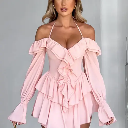Women's Plain Off Shoulder Long Sleeve Ruffle Halter Neck Fitted Vintage Romper, Back To School Outfits Womenswear, Lady Summer Clothes, Sexy Flounce Sleeve Romper for Spring & Fall, Holiday Outfits 2024