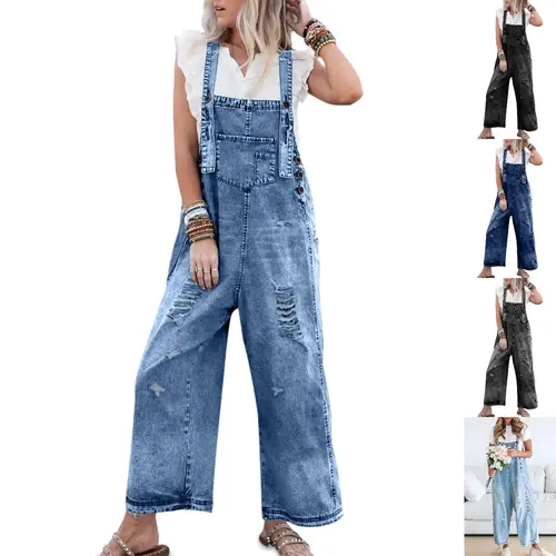 Goranbon Women's Basic Baggy Strappy Denim Overalls - Adjustable Buckle Design, Distressed Bib Jeans, Casual Style Womenswear Bottoms, Vintage