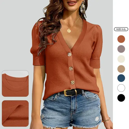 Imily Bela Womens Puff Short Sleeve Sweaters Pullover Shirt Tops V Neck Lightweight Knit Sweater Blouses