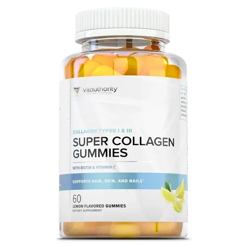 Super Collagen Gummies With Vitamin C - Includes Types I & III Collagen, Healthcare Dietary Fitness Supplement Edible Beauty Supplement Gummy - Vitauthority- Lemon Flavor