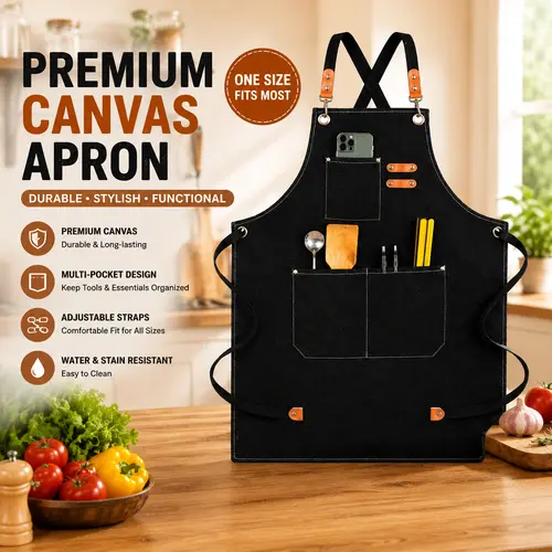 Cotton Canvas Kitchen Cooking Apron for Men & Women - Heavy Duty, Waterproof, Polyester-Blended, Abrasive Resistant, Multifunctional, M-XXL Sizes, Adjustable Cross-Back Strap, Pockets, Flower Print, Black