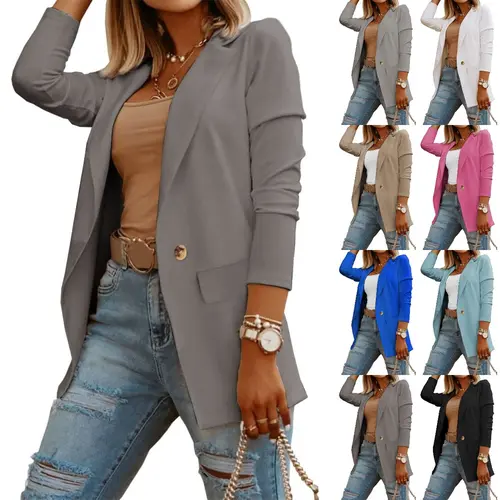 Goranbon Womens Casual Long Sleeve Blazers Solid Color Knit Blazer Work Office Button Down Blazer Jacket Formal Womenswear