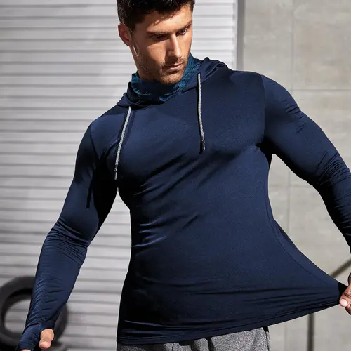 Men's Slim-Fit Hooded Athletic Top with Thumb Holes, Letter Print Long Sleeve Rashguard for Spring & Fall, Drawstring Hoodie for Gym, Workout & Daily Wear, Casual Workout Tops, Athletic Training Tops, Stretch Fitness Wear