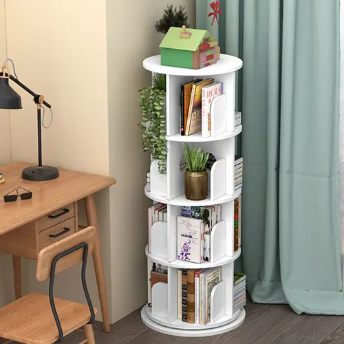 CNCEST 4-Tier 360° Smooth Rotating Wooden Spinning Bookshelf Tower - PVC+Steel Modern Home Organizer with Mortise Joint, 360° Easy Access Display Stand, Assembly Required, for Children’s Dorm & Office, Housewarmings Gift