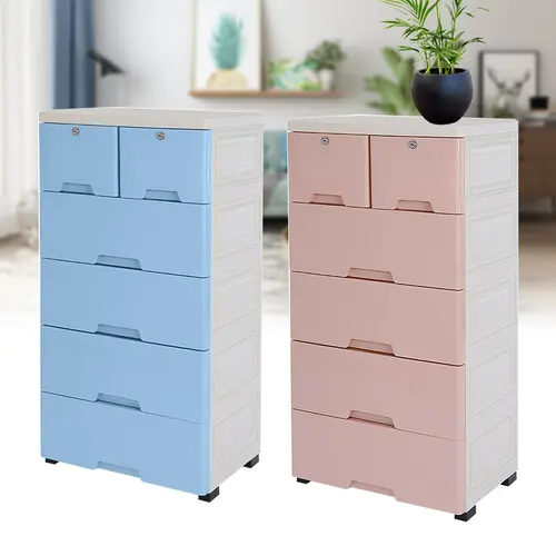 Modern 6-Drawer Plastic Drawer Chest Dresser - Safe Lockable Minimalist Tower, Clothes Organizer Cabinet for Bedroom, Blue & Pink Indoor Cupboards & Cabinets Furniture
