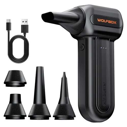 WolfBox Electric Air Duster - Lightweight Turbo Jet Blower Gun, 3 Speed Dust Control, 2500mAh Rechargeable Cordless, 3.5h Type-C Quick Charge, 0.5lb Power Tool for Gaming Keyboard, PC, Car, Camera Gear