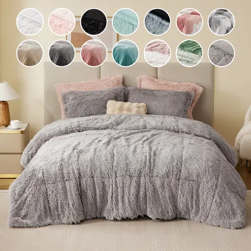 Queen Size Shaggy Long Synthetic Faux Fur Comforter Set - Down Alternative Bedding Set with Box Quilting, Ultra Soft All-Seasons Blanket, Matching Sham, Casual Luxe for Bedroom Home Decor