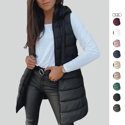 Imily Bela Women Long Vest Solid Color Sleeveless Hood Winter Puffer Vest Outwear