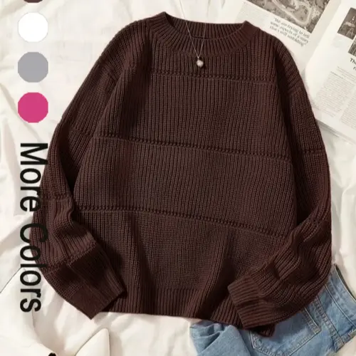Women's Simple Minimalist Plain Textured Round Neck Sweater, Casual Loose Knit, Casual Basic Comfort Drop Shoulder Crewneck Long Sleeve Jumper for Fall, Ladies Knitwear for Fall Daily Wear, Womenswear, Fall Outfits, Earthtone Fallfreshness