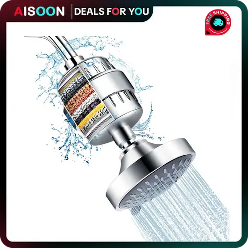 AISOON Filtered Pressurized Shower Head & 15-Stage Hard Water Softener Filter Combo, 5 Spray Settings, Removes Chlorine & Harmful Substances, Multi Setting Showerheads & Handheld Showers Compatible, Filtered Showerhead