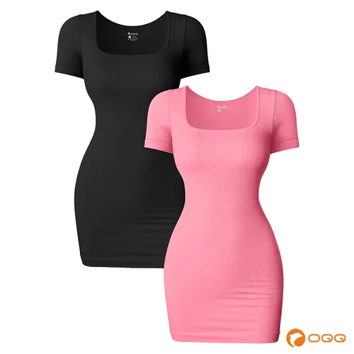 OQQfitness Women's Stretchy Fitted Rib Knitting Square Neck Short-Sleeve Bodycon Dress - Soft Nylon, Non-See-Through, Minimalist Casual Summer Women's Clothes, Basic