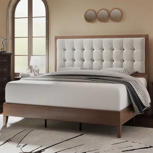 AMERLIFE Solid Wood Platform Bed Frame with Upholstered Tufted Headboard/Solid Wood Foundation, Pull-spot Tufted Handcraft, No Box Spring Needed, Bedroom Furniture/Best Gift Ideas/Christmas Gifts[tiktokshopbacktoschool][SohoChic]