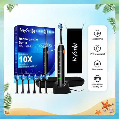 MySmile Elite Rechargeable Sonic Electric Toothbrush for Adults - TikTok Shop Exclusive, Oral Brightening, Self-Care, 6 Nylon Brush Heads, 5 Modes, Timer, Waterproof, Plastic Storage Box, Charger Cable, Long-Lasting Handle, Free Gift, Cleansing Function,,