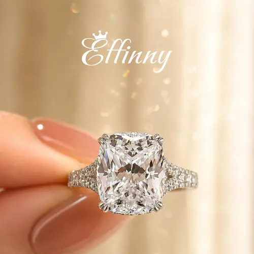 Effinny 925 Sterling Silver 4.0/5.0ct Split Shank Cushion 14K Gold Plated Engagement Ring, CZ Elegant Women's No Tarnish Promise Jewelry, Engagement Rings, Anniversary